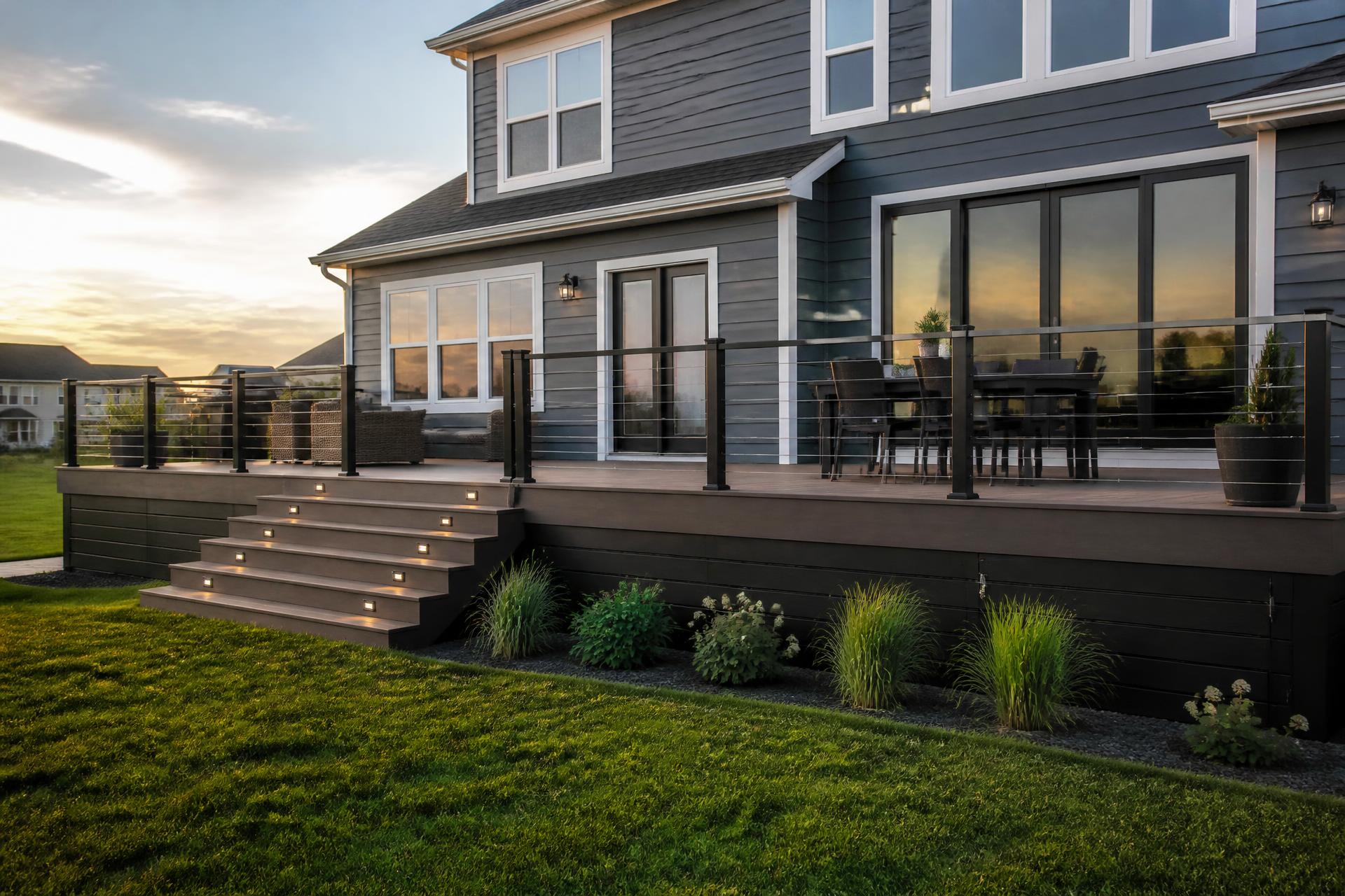 Custom composite deck with black metal railing and stairs on a two story home in Omaha